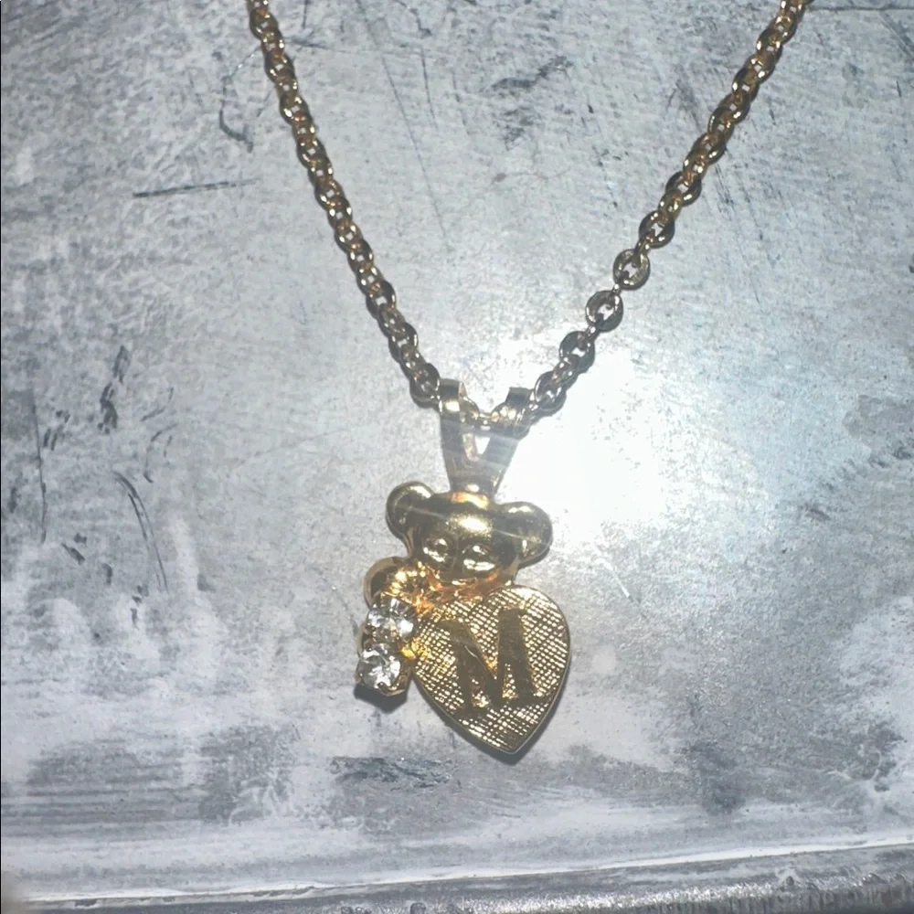 Teddy Bear Initial M Gold Tone Necklace with Adjustable Teddy Bear Ring